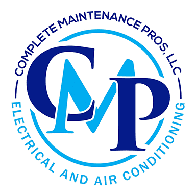 A blue and white logo for the complete maintenance pros, llc.