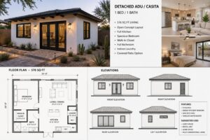 Detached ADU casita with floor plan and elevations