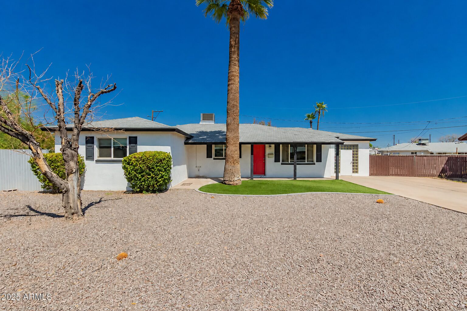 Single-story house with red door, palm tree